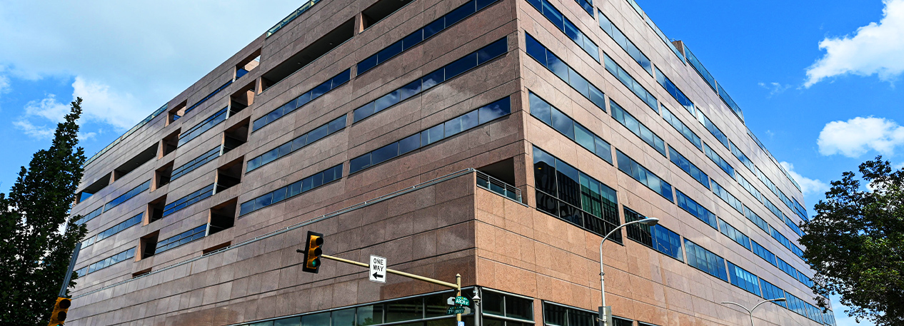 A view of the corner of the Federal Reserve Bank of Philadelphia building.